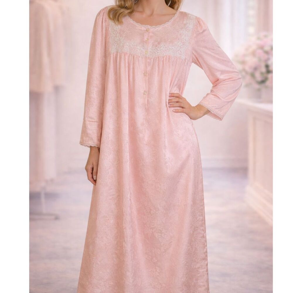 Vintage Eve Stillman Nightgown L Pink Floral Lace Trim Long Sleeve Maxi Gown